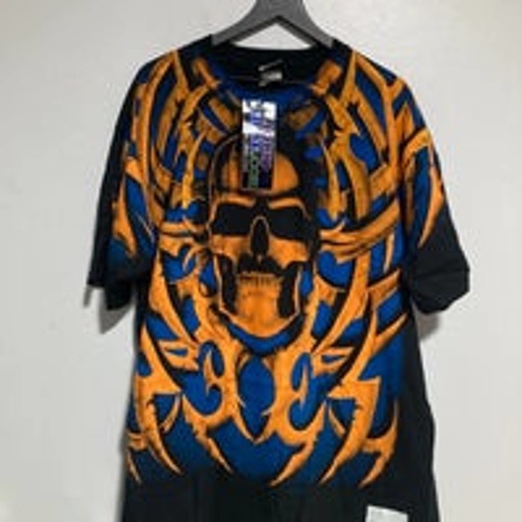 Vintage Liquid Blue Skull Pile Tribal 90s Shirt 1998 AOP NWT XXL - Picture 3 of 5